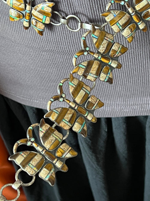 Vintage Dead Stock Handcrafted Sterling Silver and Inlay Multistone Butterfly Southwestern Style Link Belt, Tiger Eye