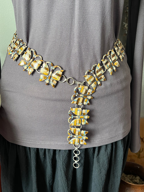 Vintage Dead Stock Handcrafted Sterling Silver and Inlay Multistone Butterfly Southwestern Style Link Belt, Tiger Eye