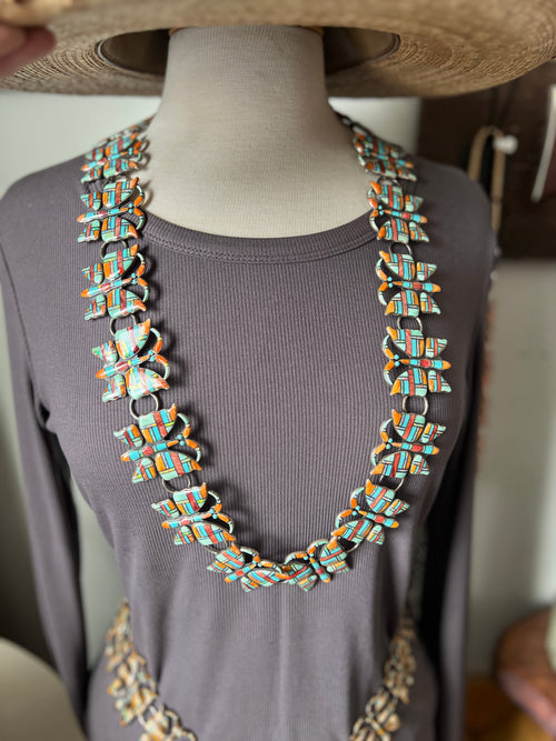 Vintage Dead Stock Handcrafted Sterling Silver and Inlay Multistone Butterfly Southwestern Style Link Belt, Turquoise
