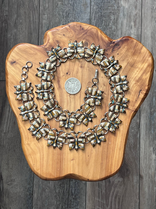 Vintage Dead Stock Handcrafted Sterling Silver and Inlay Multistone Butterfly Southwestern Style Link Belt, Tiger Eye