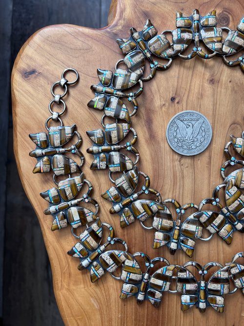 Vintage Dead Stock Handcrafted Sterling Silver and Inlay Multistone Butterfly Southwestern Style Link Belt, Tiger Eye