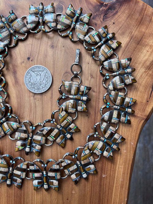 Vintage Dead Stock Handcrafted Sterling Silver and Inlay Multistone Butterfly Southwestern Style Link Belt, Tiger Eye