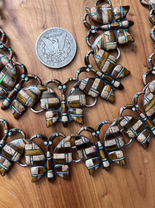 Vintage Dead Stock Handcrafted Sterling Silver and Inlay Multistone Butterfly Southwestern Style Link Belt, Tiger Eye