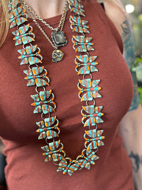 Vintage Dead Stock Handcrafted Sterling Silver and Inlay Multistone Butterfly Southwestern Style Link Belt, Turquoise