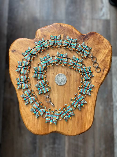 Vintage Dead Stock Handcrafted Sterling Silver and Inlay Multistone Butterfly Southwestern Style Link Belt, Turquoise