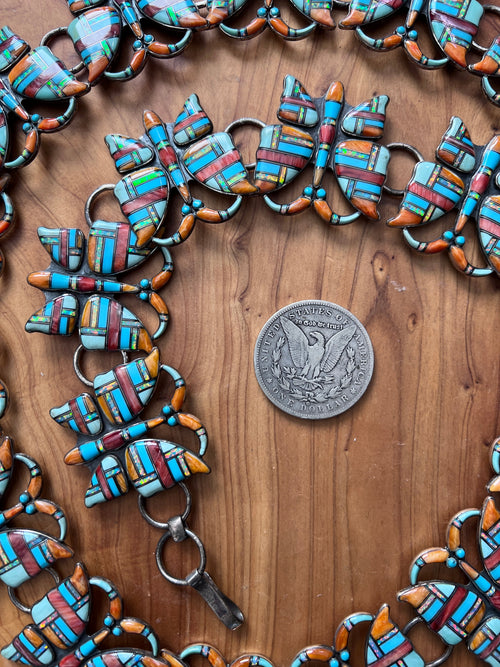 Vintage Dead Stock Handcrafted Sterling Silver and Inlay Multistone Butterfly Southwestern Style Link Belt, Turquoise