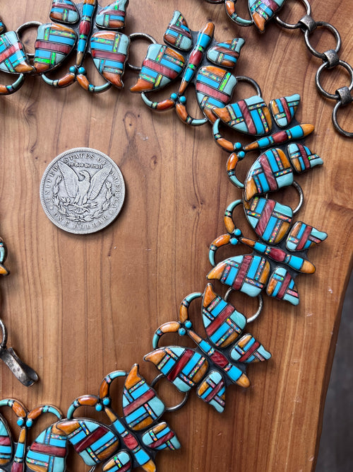 Vintage Dead Stock Handcrafted Sterling Silver and Inlay Multistone Butterfly Southwestern Style Link Belt, Turquoise