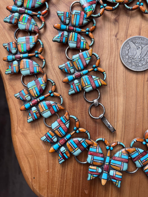 Vintage Dead Stock Handcrafted Sterling Silver and Inlay Multistone Butterfly Southwestern Style Link Belt, Turquoise