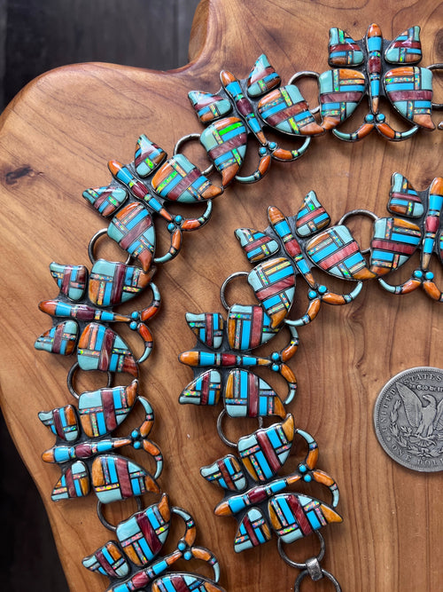 Vintage Dead Stock Handcrafted Sterling Silver and Inlay Multistone Butterfly Southwestern Style Link Belt, Turquoise