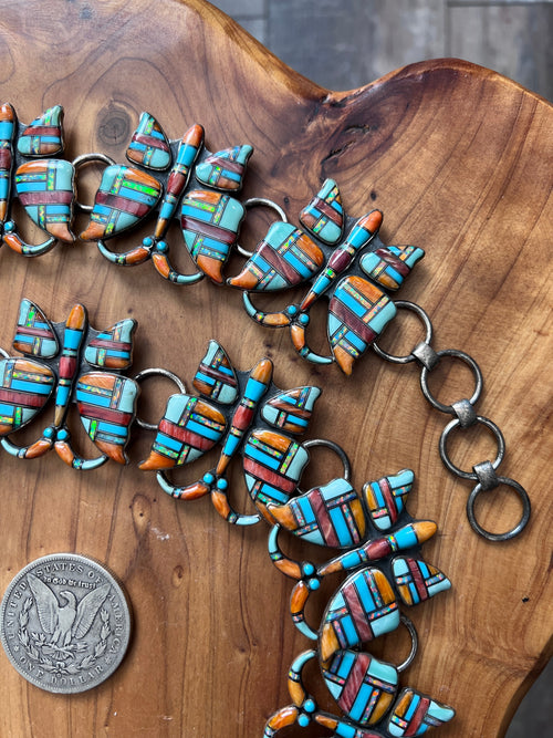 Vintage Dead Stock Handcrafted Sterling Silver and Inlay Multistone Butterfly Southwestern Style Link Belt, Turquoise