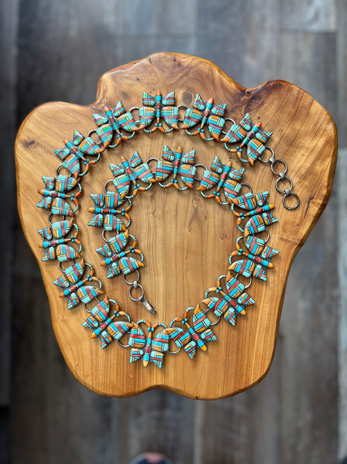 Vintage Dead Stock Handcrafted Sterling Silver and Inlay Multistone Butterfly Southwestern Style Link Belt, Turquoise