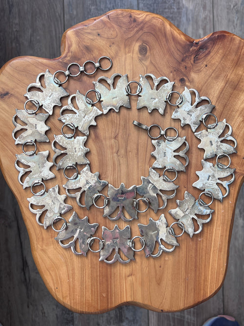 Vintage Dead Stock Handcrafted Sterling Silver and Inlay Multistone Butterfly Southwestern Style Link Belt, Turquoise