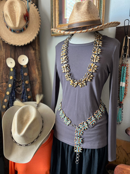 Vintage Dead Stock Handcrafted Sterling Silver and Inlay Multistone Butterfly Southwestern Style Link Belt, Tiger Eye