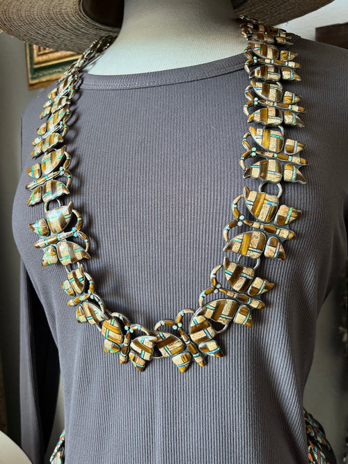 Vintage Dead Stock Handcrafted Sterling Silver and Inlay Multistone Butterfly Southwestern Style Link Belt, Tiger Eye