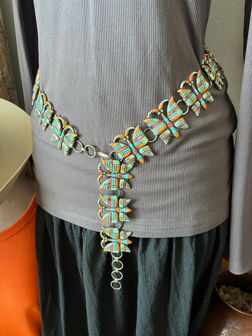 Vintage Dead Stock Handcrafted Sterling Silver and Inlay Multistone Butterfly Southwestern Style Link Belt, Turquoise