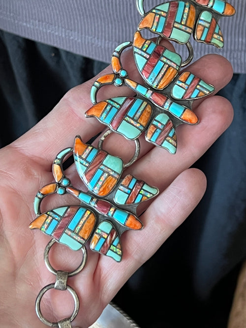 Vintage Dead Stock Handcrafted Sterling Silver and Inlay Multistone Butterfly Southwestern Style Link Belt, Turquoise