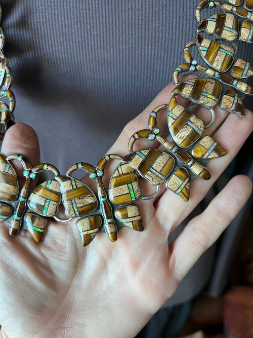 Vintage Dead Stock Handcrafted Sterling Silver and Inlay Multistone Butterfly Southwestern Style Link Belt, Tiger Eye
