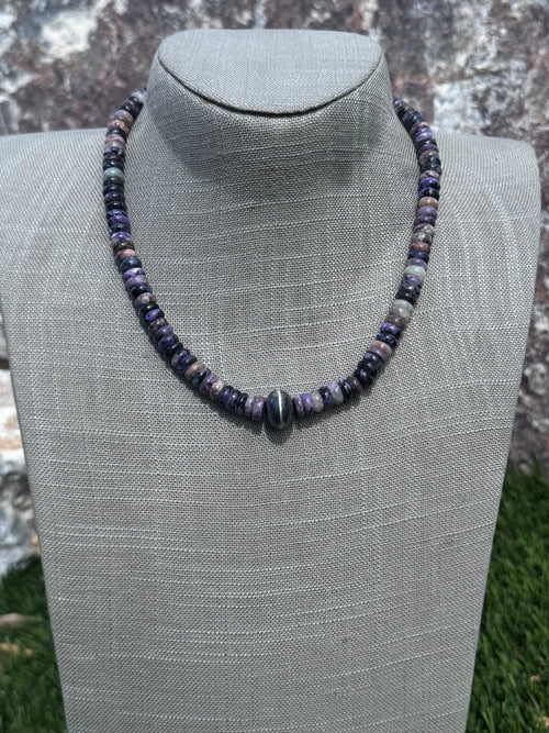 Handmade Sterling Silver Charoite Beaded Necklace 17.5" by Roaming Buffalo