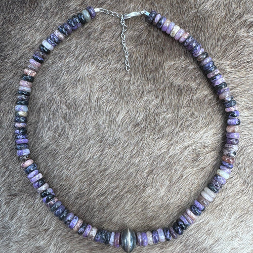 Handmade Sterling Silver Charoite Beaded Necklace 17.5" by Roaming Buffalo