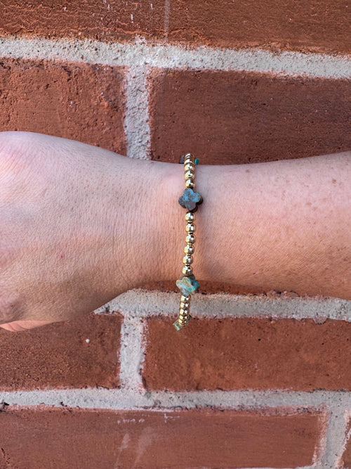 Handcrafted Cle’vara Turquoise, Gold & Sterling Silver 4mm Beaded Bracelet 7.5"