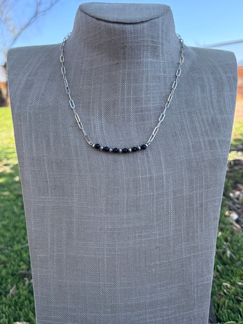 Handmade Sterling Silver Pearl & Black Onyx 4mm Beaded Necklace by Roaming Buffalo 17.5"