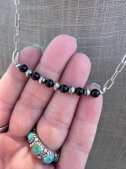 Handmade Sterling Silver Pearl & Black Onyx 4mm Beaded Necklace by Roaming Buffalo 17.5"