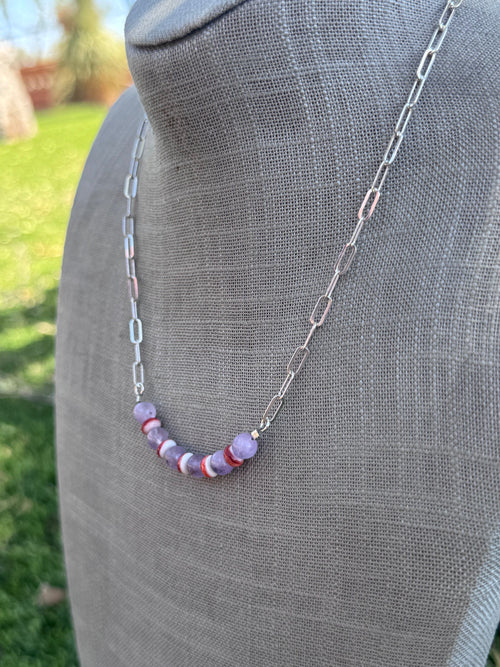 Handmade Sterling Silver Spiny Oyster & Lavender Jade Beaded Necklace by Roaming Buffalo