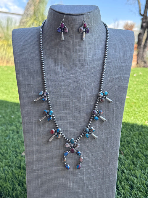 Handcrafted Pink Dream Mojave & Sterling Silver Pearl 4mm Beaded Naja Necklace Earring Set