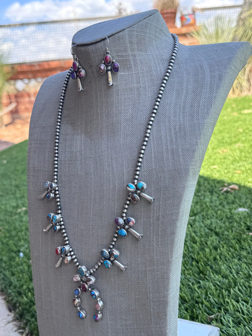 Handcrafted Pink Dream Mojave & Sterling Silver Pearl 4mm Beaded Naja Necklace Earring Set