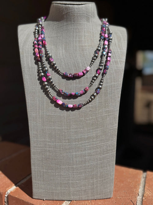 Handcrafted Sterling Silver & Pink Dream 3-6mm Beaded Necklace 24"