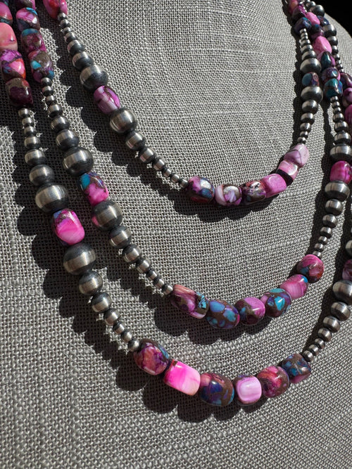 Handcrafted Sterling Silver & Pink Dream 3-6mm Beaded Necklace 24"
