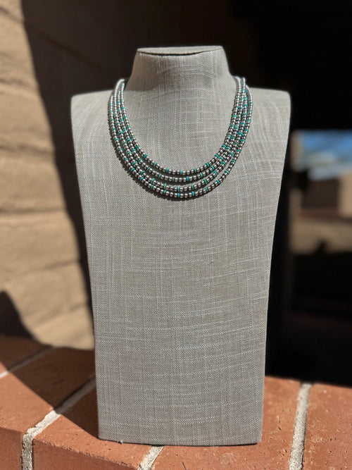 Handcrafted Kingman Turquoise & Sterling Silver 4mm Beaded Necklace 20"