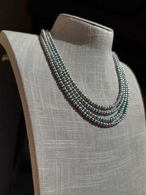 Handcrafted Kingman Turquoise & Sterling Silver 4mm Beaded Necklace 20"