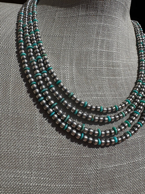 Handcrafted Kingman Turquoise & Sterling Silver 4mm Beaded Necklace 20"