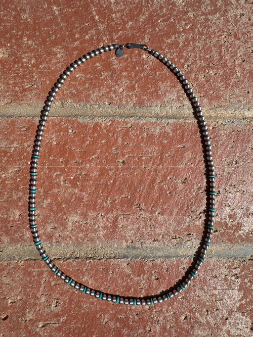 Handcrafted Kingman Turquoise & Sterling Silver 4mm Beaded Necklace 20"