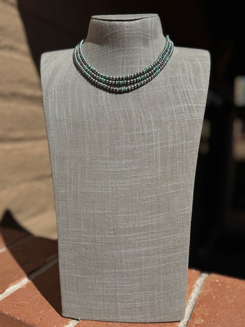 Handcrafted Kingman Turquoise & Sterling Silver 4mm Beaded Necklace 16"