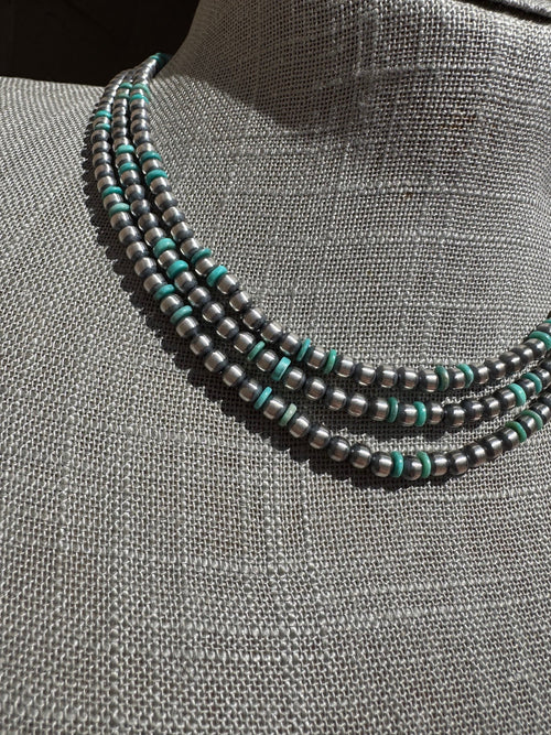 Handcrafted Kingman Turquoise & Sterling Silver 4mm Beaded Necklace 16"