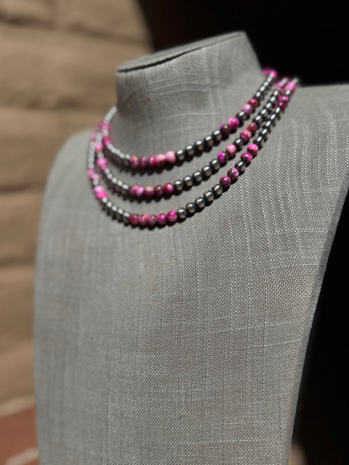 Handcrafted Pink Dream & Sterling Silver 6mmBeaded Necklace 14 inch