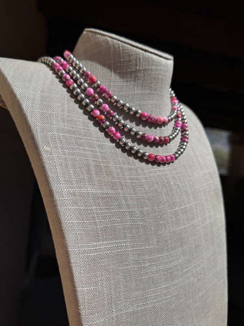 Handcrafted Pink Dream & Sterling Silver 6mmBeaded Necklace 14 inch