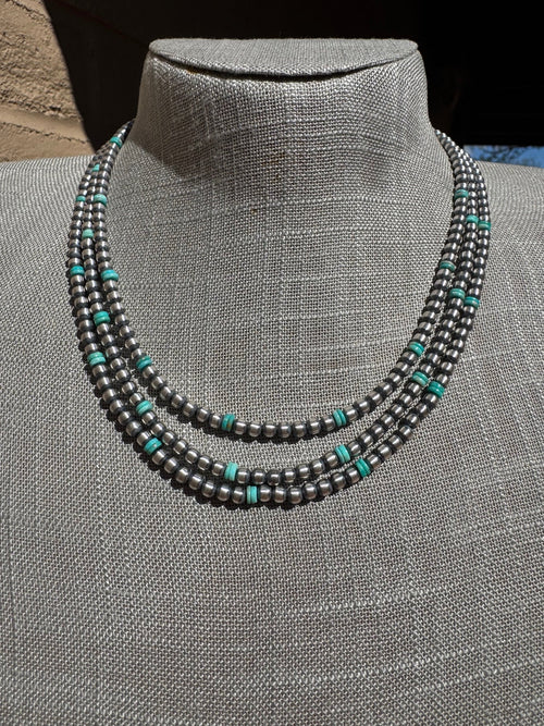 Handcrafted Kingman Turquoise & Sterling Silver 4mm Beaded Necklace 18"