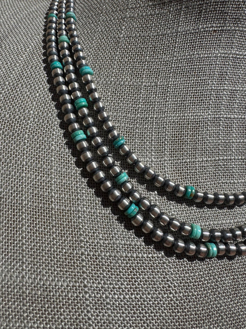 Handcrafted Kingman Turquoise & Sterling Silver 4mm Beaded Necklace 18"