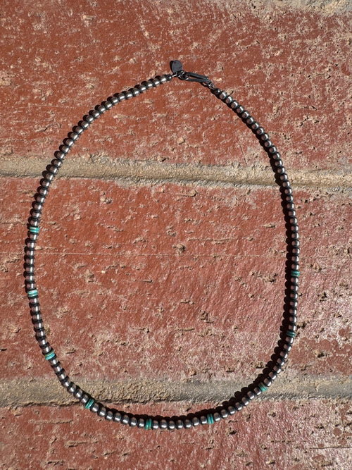 Handcrafted Kingman Turquoise & Sterling Silver 4mm Beaded Necklace 18"