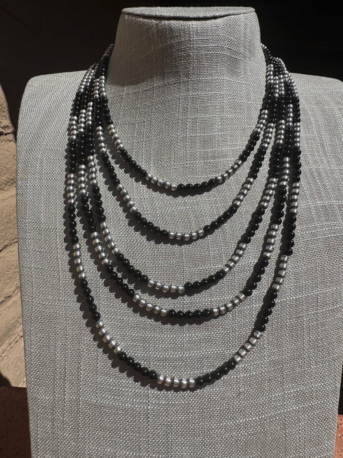 Handcrafted Pearl Sterling Silver & Black Onyx Beaded 4mm Necklace