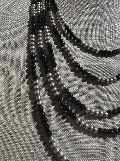 Handcrafted Pearl Sterling Silver & Black Onyx Beaded 4mm Necklace