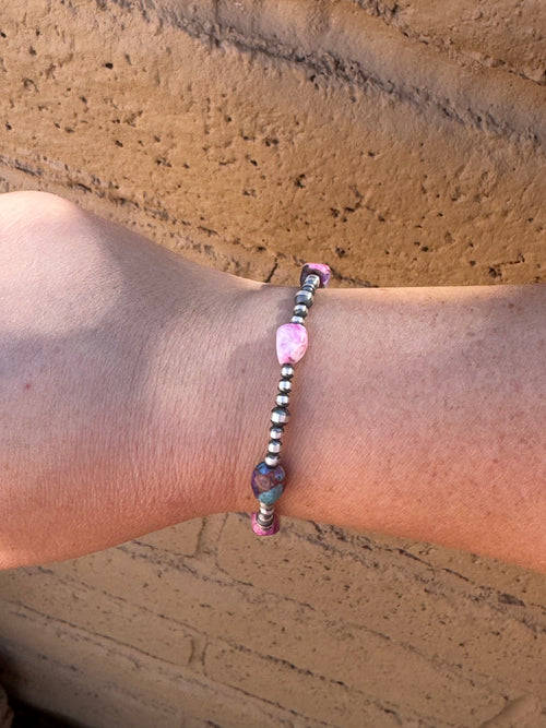 Handcrafted Pearl Style Sterling Silver & Pink Dream Mojave Beaded Bracelet 7 inches