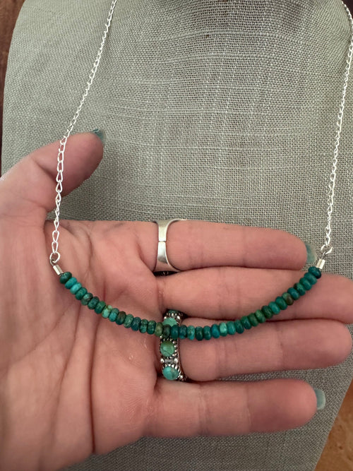 Handmade Sterling Silver & Hubei Turquoise Beaded Chain Necklace 22" by Roaming Buffalo