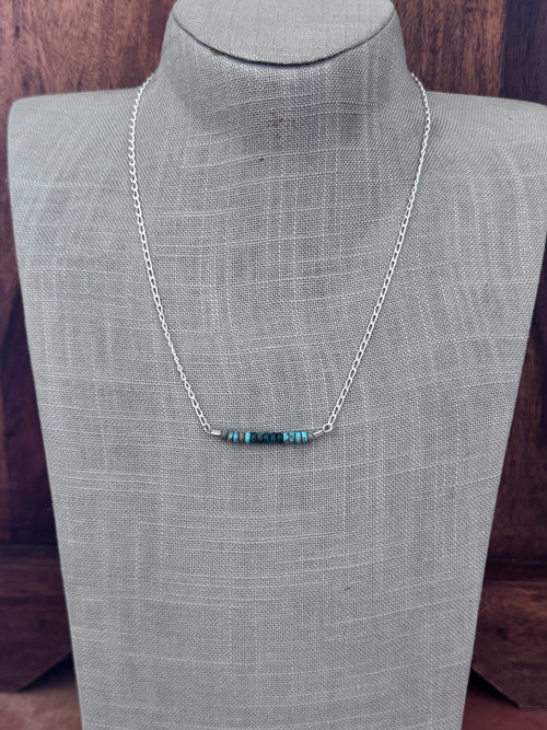 Handmade Sterling Silver & Hubei, Lone Mountain Turquoise Beaded Chain Necklace 20" by Roaming Buffalo