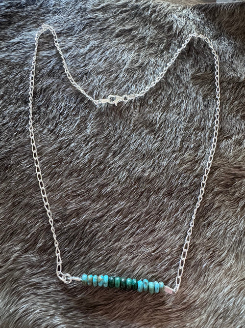Handmade Sterling Silver & Hubei, Lone Mountain Turquoise Beaded Chain Necklace 20" by Roaming Buffalo