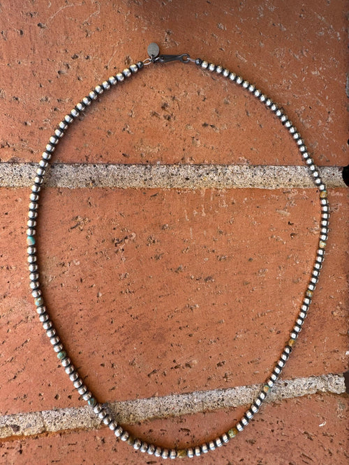 Handcrafted Kingman Turquoise & Sterling Silver 4mm Beaded Necklace 20"