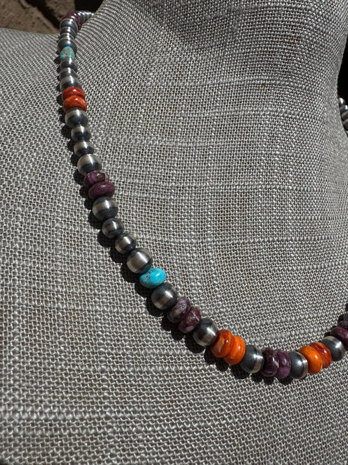 Handcrafted Sterling Silver & Multi Stone 4-6mm Beaded Necklace 18"